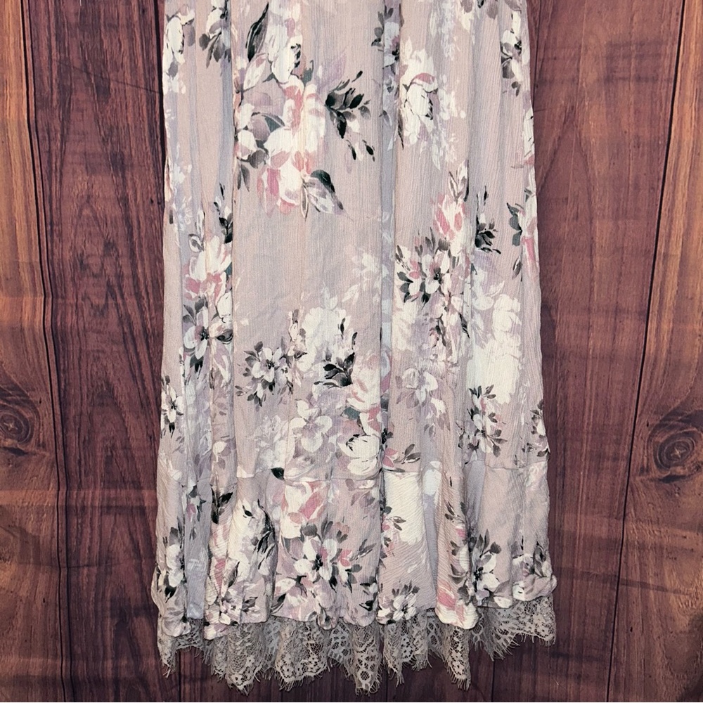 Daydreamer White and Gray Asymmetrical Ruffled Wrap Dress - Picture 7 of 8